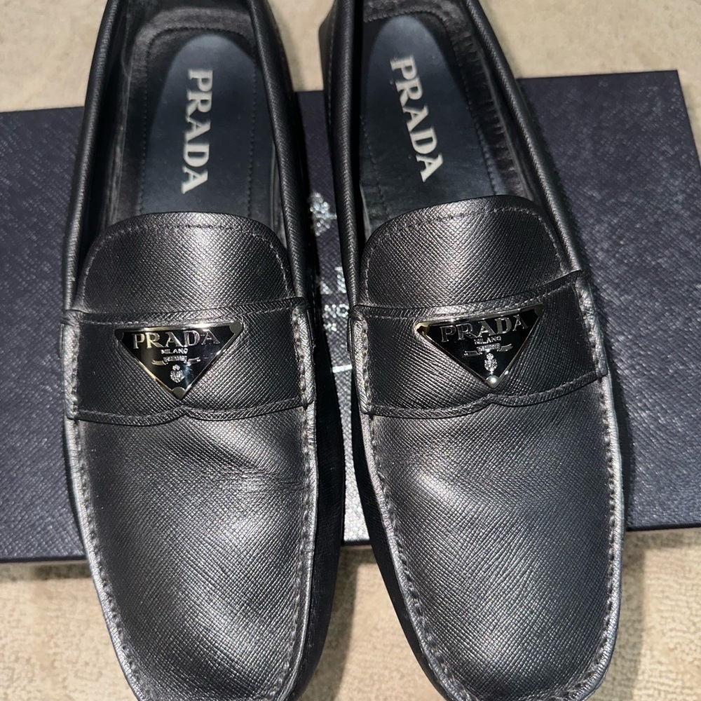 Prada Black Leather Loafers with Metal Hardware - Picture 4 of 5